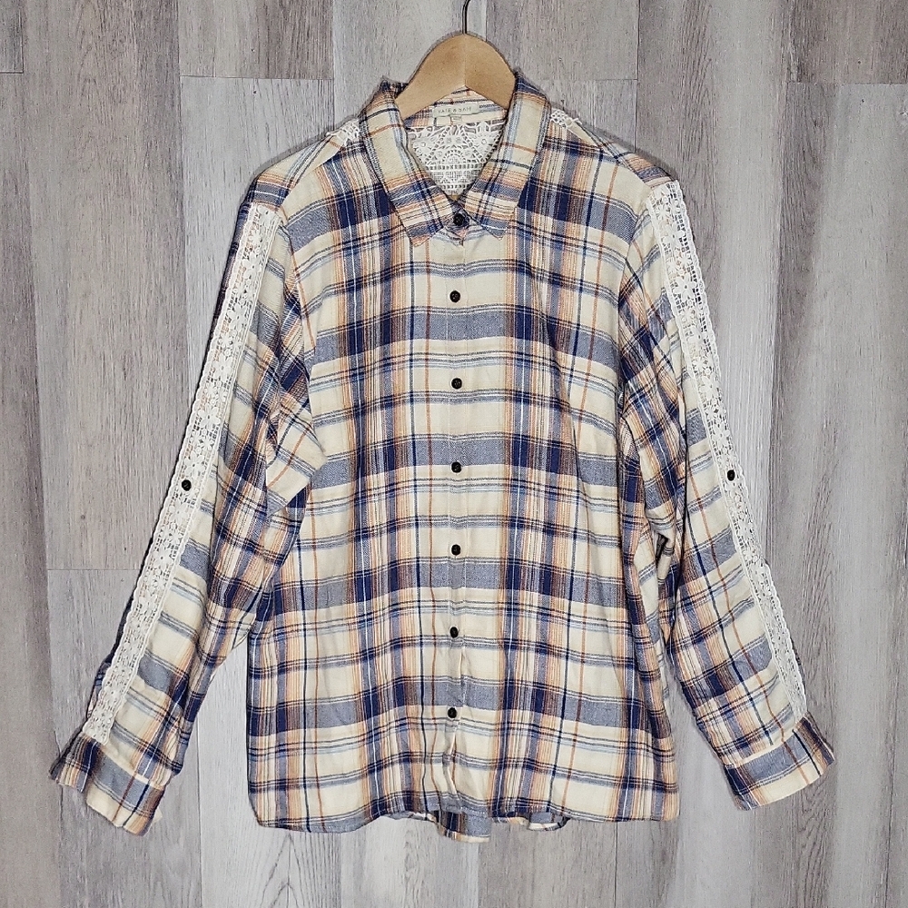 Kate & Sam Womens Large Plaid Lace Button Up Shirt Roll Tab Western Cowboy‎